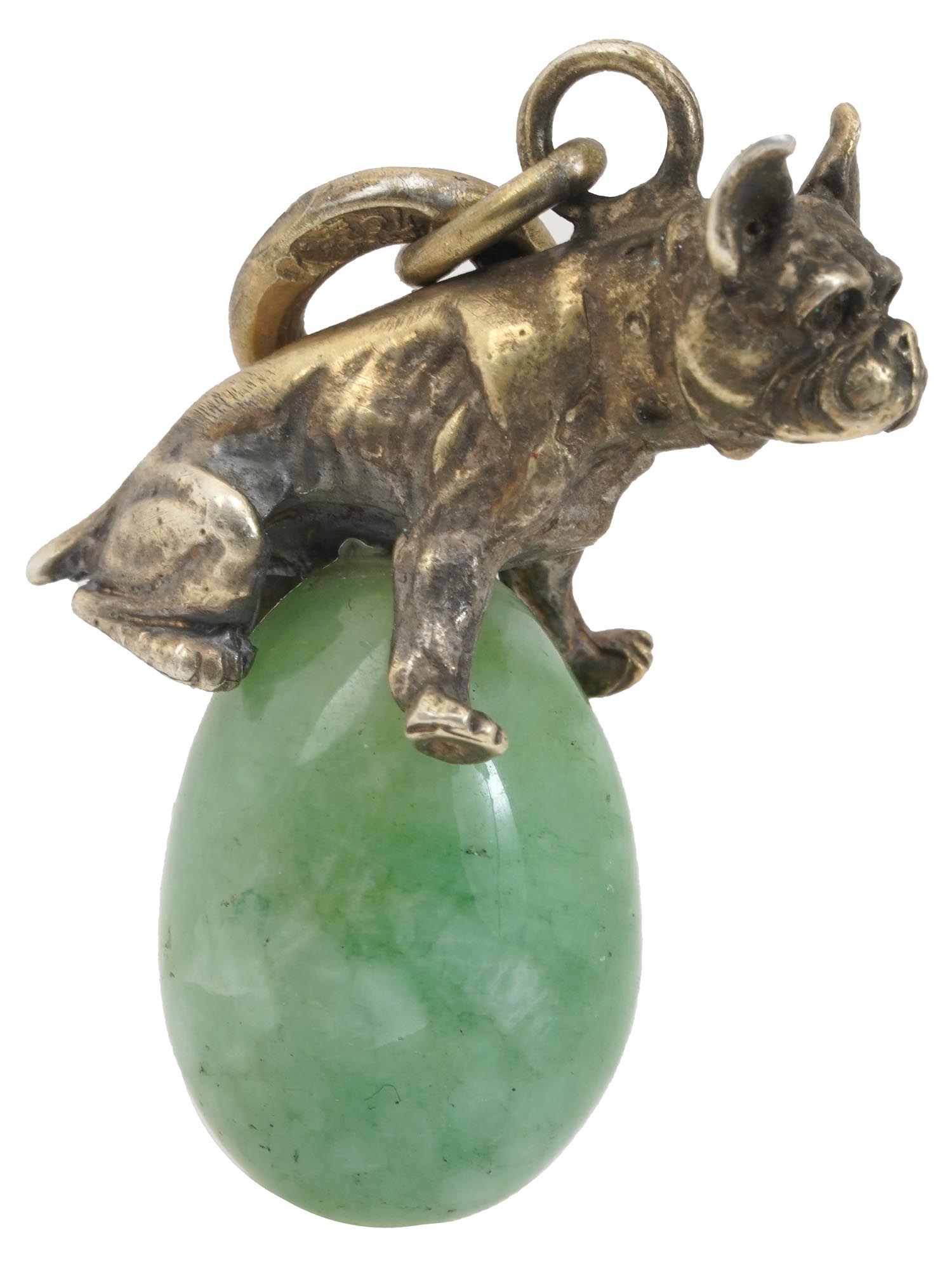 RUSSIAN GILT SILVER JADE DOG FIGURINE EGG PENDANT PIC-1